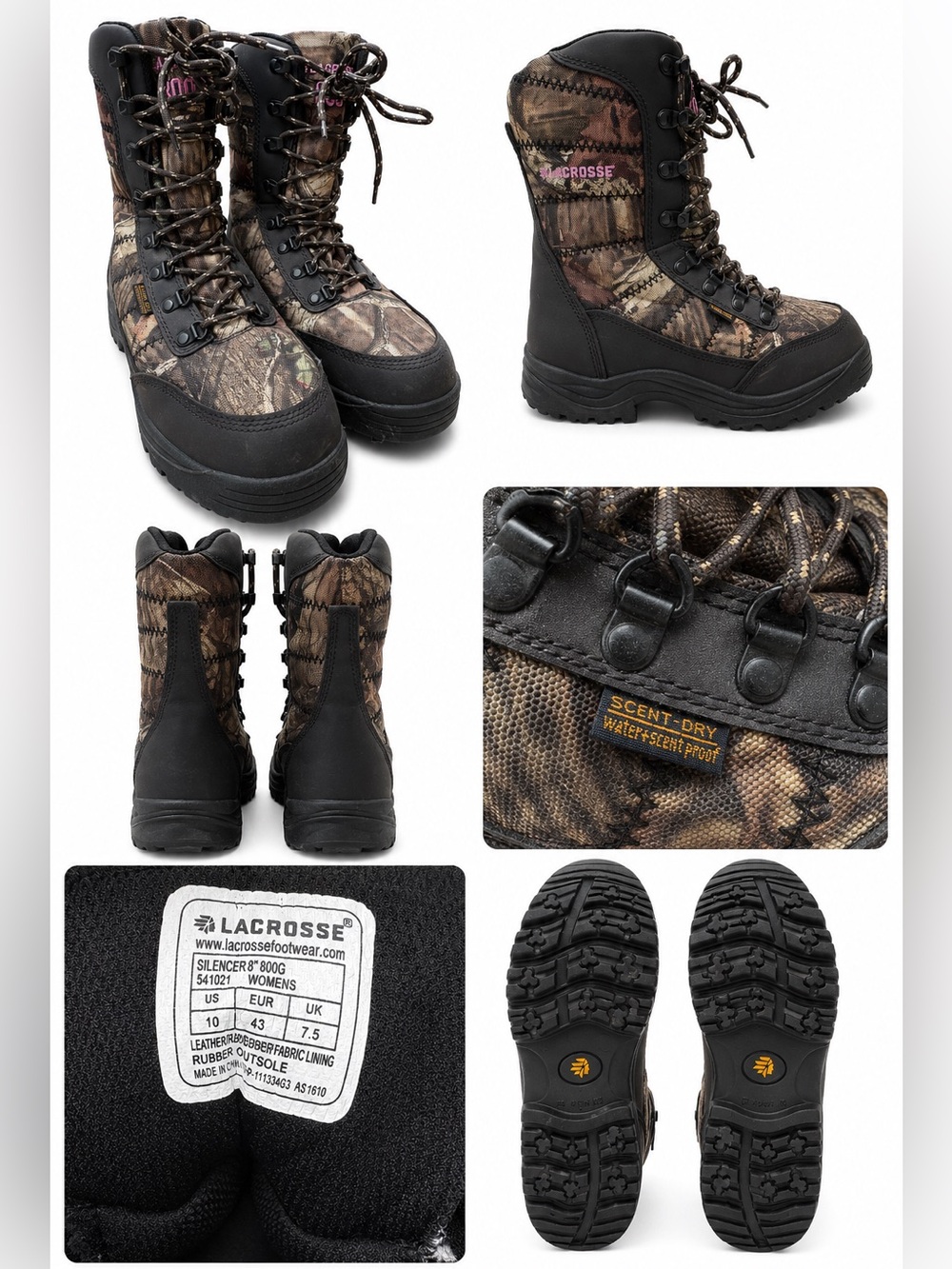 LaCrosse Silencer 8” 800G Insulated Hunting Boots Realtree Camo Women’s 10